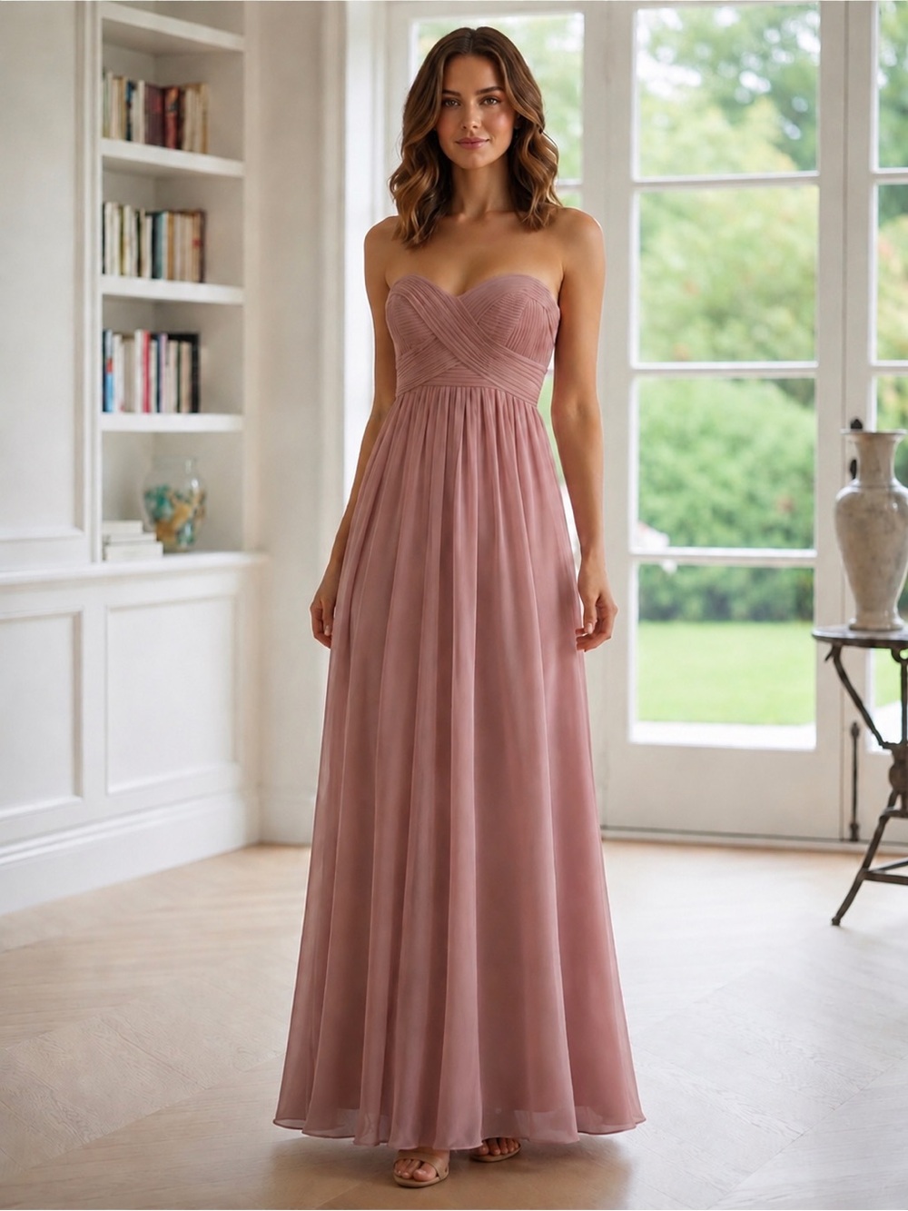 Aryn K Strapless Dusty Rose Chiffon Dress – Pleated Bust Maxi Small